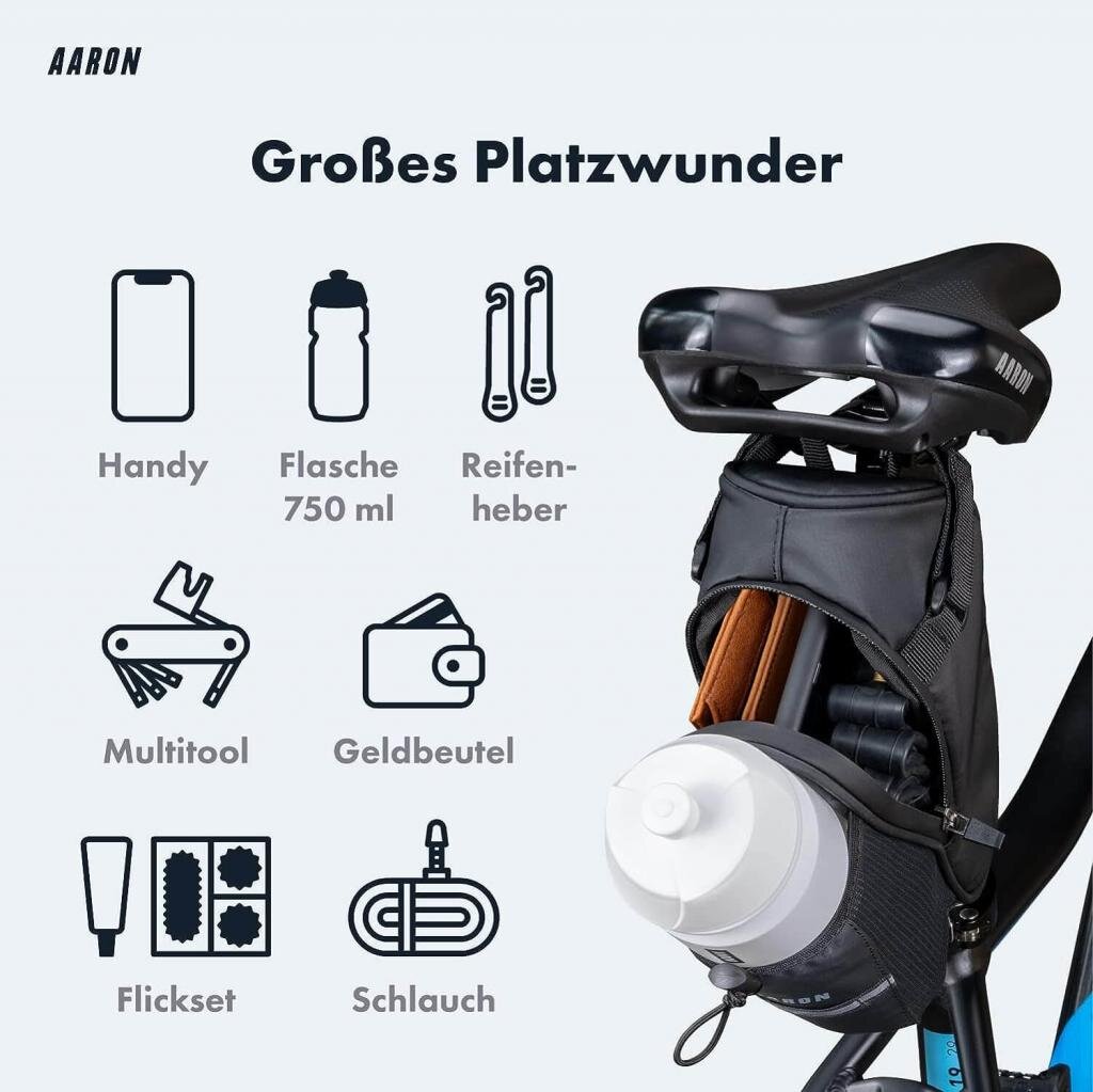 MM Commerce GmbH Freizeit und Outdoor AARON Fahrrad Satteltasche mit Flaschenhalter, Wasserabweisende Fahrradtasche mit Reflektor
