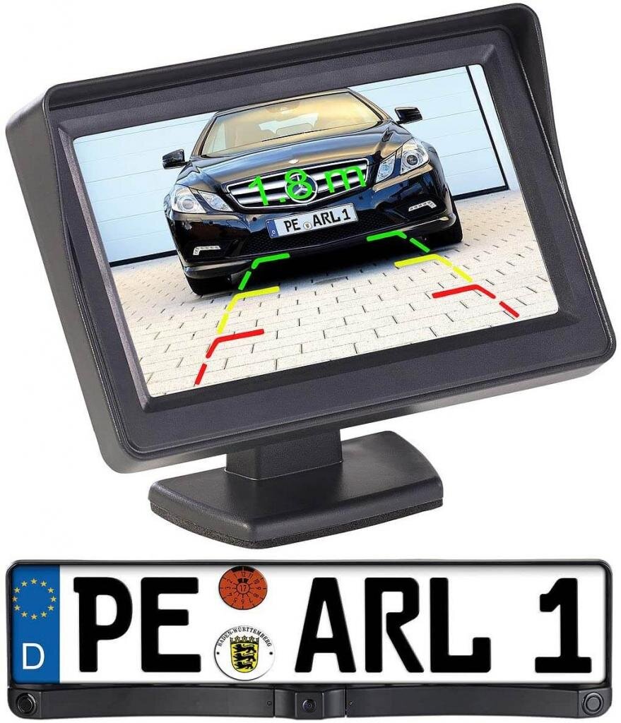 PEARL GmbH Auto- & KFZ-Zubehör Lescars Rückfahrkamera PA-470 Funk Nummernschild, Einparkhilfe, kabellos, LCD-Farbmonitor