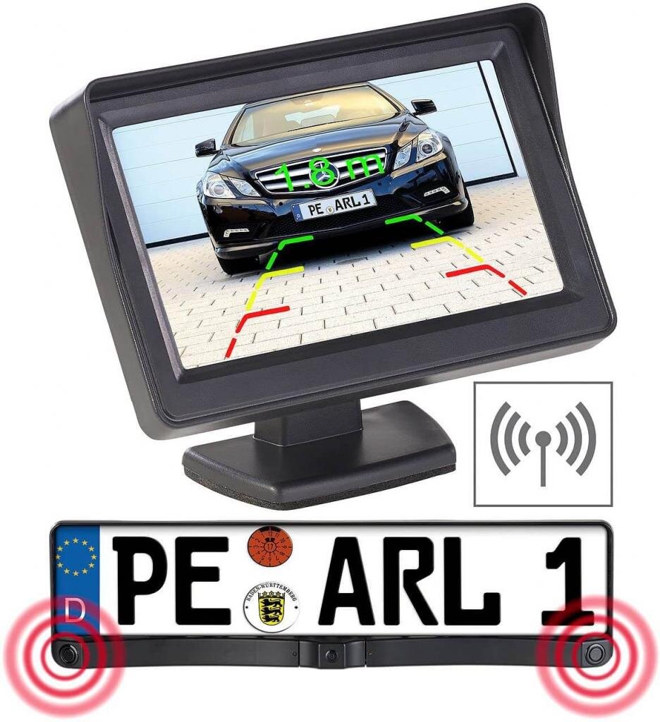 PEARL GmbH Auto- & KFZ-Zubehör Lescars Rückfahrkamera PA-470 Funk Nummernschild, Einparkhilfe, kabellos, LCD-Farbmonitor